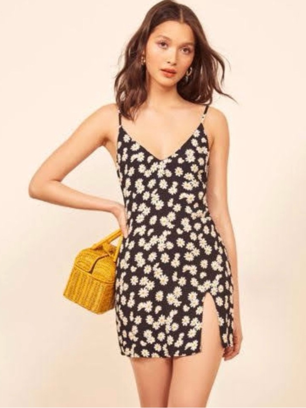 Reformation Marlowe Mini Slip Dress Black Daisy Chain with Side Slit Women’s XL